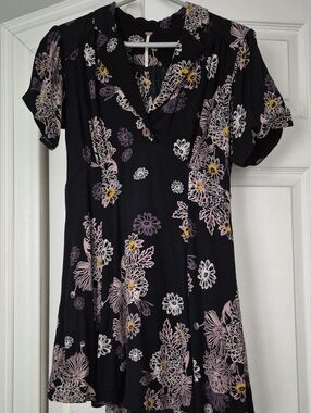 Free People Black Mini Dress with Pink and White Floral Print